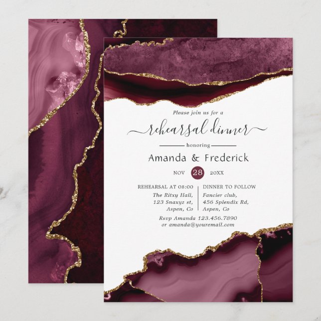 Burgund und Gold Agate Hochzeitsessen Probe Einladung (Vorne/Hinten)