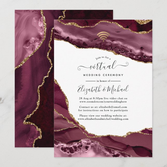 Burgund und Gold Agate Online Virtual Wedding Einladung (Vorne/Hinten)