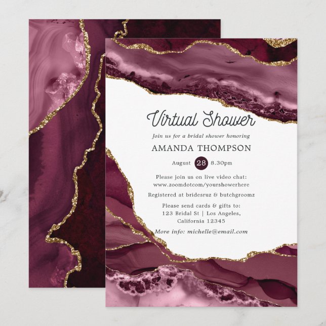 Burgund und Gold Agate Virtual Brautparty Einladung (Vorne/Hinten)