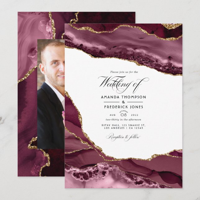 Burgund und Gold Agate Wedding Foto Einladung (Vorne/Hinten)