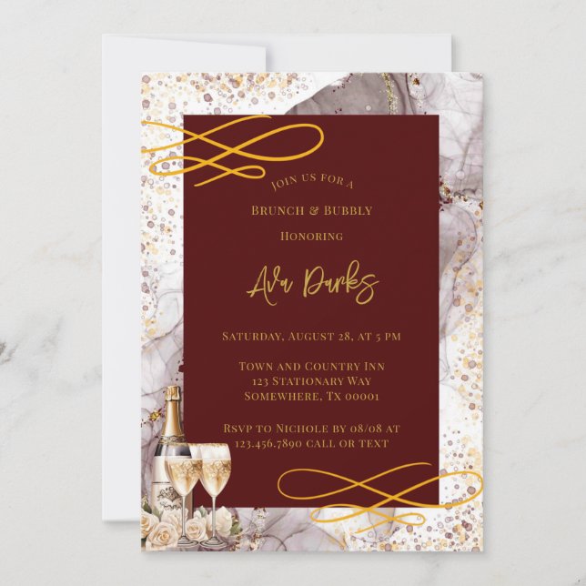 Burgund und Gold Alkohol Tinte Brunch & Bubbly Einladung (Vorderseite)