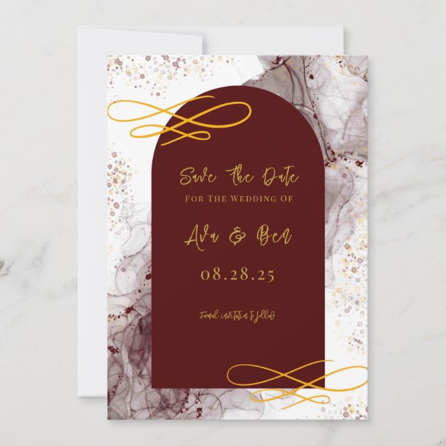 Burgund und Gold Alkoholtink Save the Date Einladung (Vorderseite)