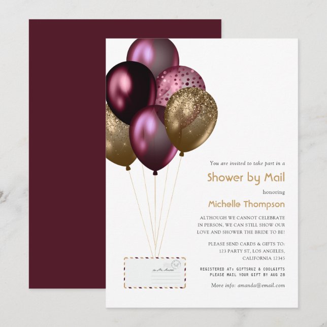 Burgund und Gold Baby oder Brautparty per Mail Einladung (Vorne/Hinten)