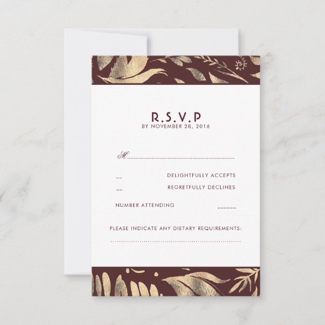 Burgund und Gold Blätter Hochzeit im Herbst UAWG RSVP Karte (Vorderseite)