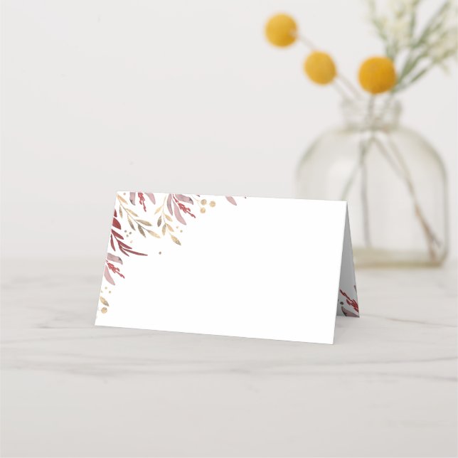 Burgund und Gold Blätter Hochzeit Platzkarte (Vorderseite)