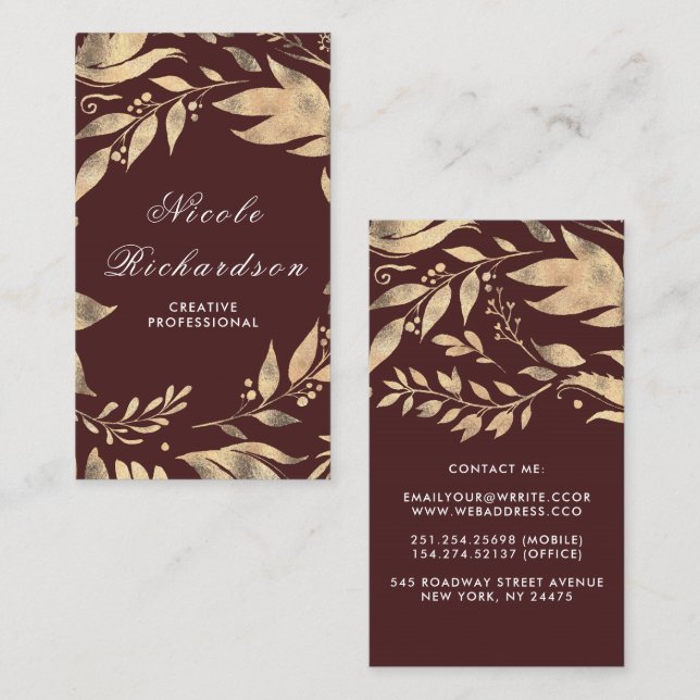 Burgund und Gold Blätter Wreath Modern Chic Visitenkarte (Vorne/Hinten)