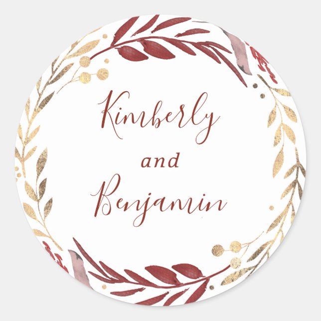 Burgund und Gold Blätter Wreath Wedding Runder Aufkleber (Vorderseite)