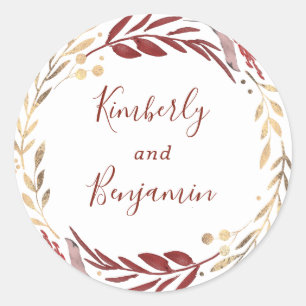 Burgund und Gold Blätter Wreath Wedding Runder Aufkleber