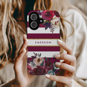 Burgund und Gold Boho Blumenstreifen Monogramm iPhone 16 Hülle