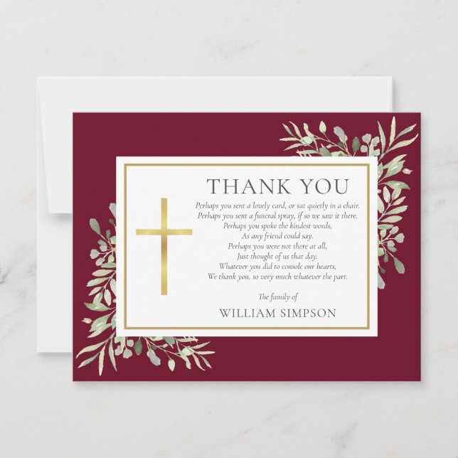 Burgund und Gold Christliches Begräbnisgedicht Dankeskarte (Vorderseite)