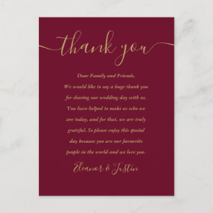 Burgund und Gold Danke Hochzeitsplatzkarte Postkarte
