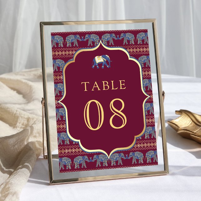 Burgund und Gold Elefanten Indianerhochzeit Tischnummer (Von Creator hochgeladen)