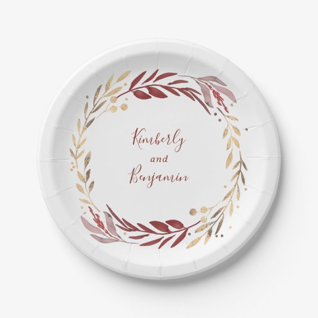 Burgund und Gold Eleganter Garten Hochzeit Pappteller (Vorderseite)