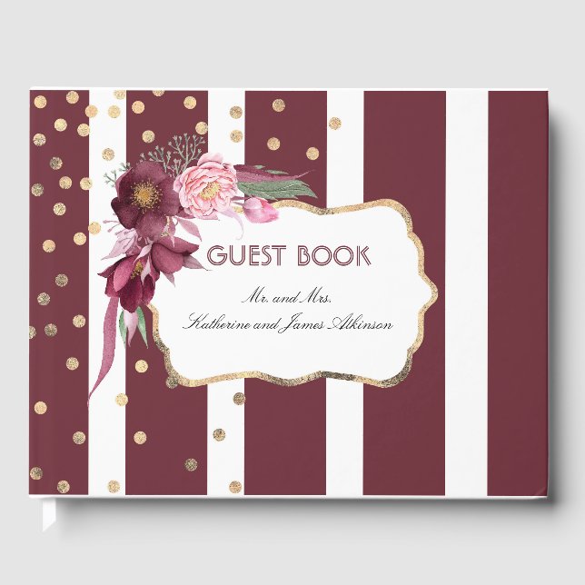 Burgund und Gold Floral Elegante Hochzeit Gästebuch (Vorderseite)