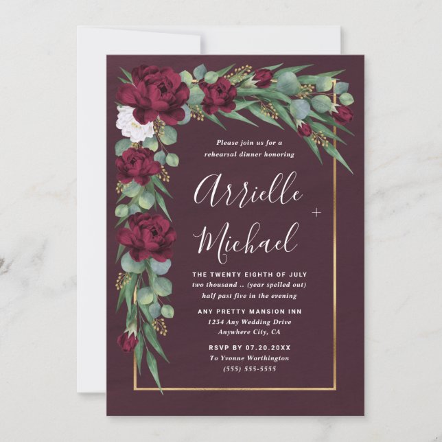 Burgund und Gold Floral Herbst Probe Dinner Einladung (Vorderseite)