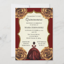 Burgund und Gold Floral Quinceanera Geburtstag Einladung