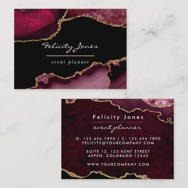 Burgund und Gold Geode Agate Stone Business Card Visitenkarte (Vorne/Hinten)