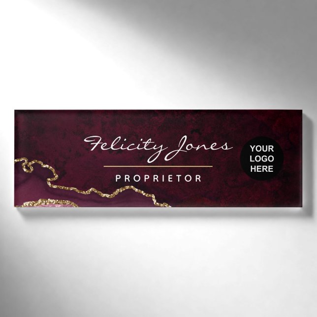 Burgund und Gold Geode Agate Wertvoll Stone Name Namenschild (Vorderseite)