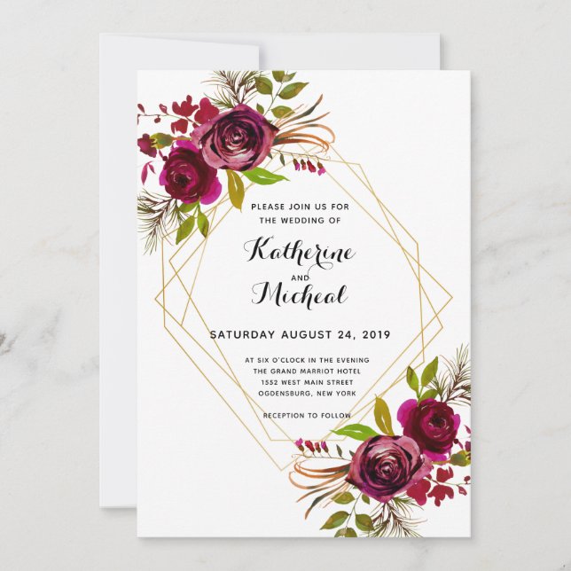 Burgund und Gold geometrische Hochzeit Einladung. Einladung (Vorderseite)