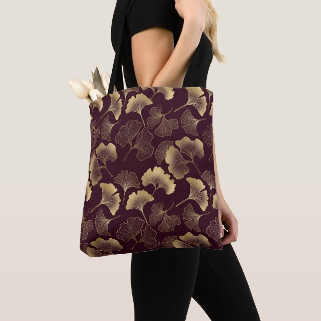 Burgund und Gold Ginkgo-Muster Tasche (Von Nahem)
