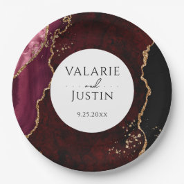 Burgund und Gold Glitzer Agate Wedding Pappteller