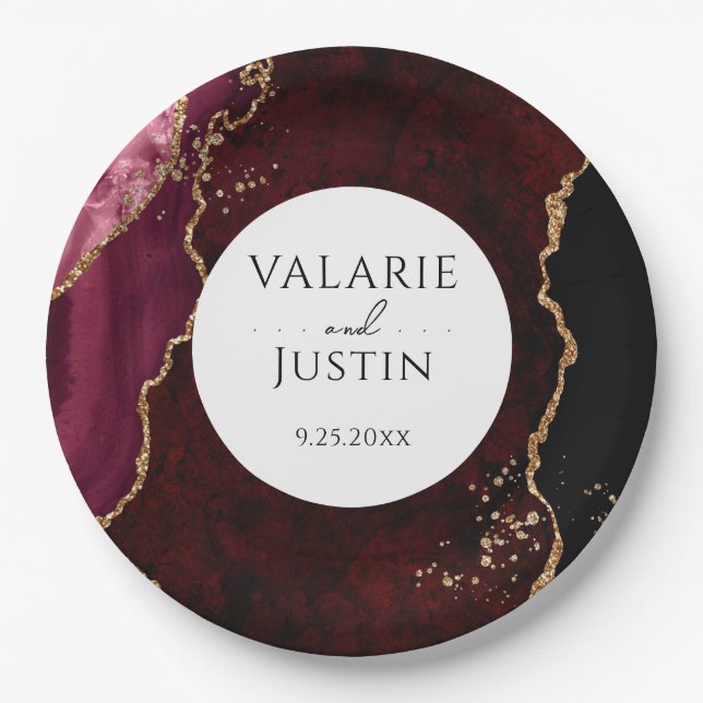 Burgund und Gold Glitzer Agate Wedding Pappteller (Vorderseite)