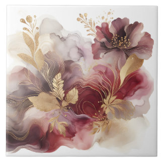 Burgund und Gold Glitzer Blumengatter Fliese