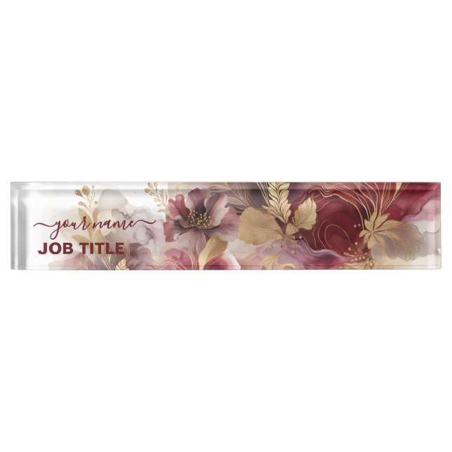 Burgund und Gold Glitzer Blumengatter Namensplakette (Vorderseite)