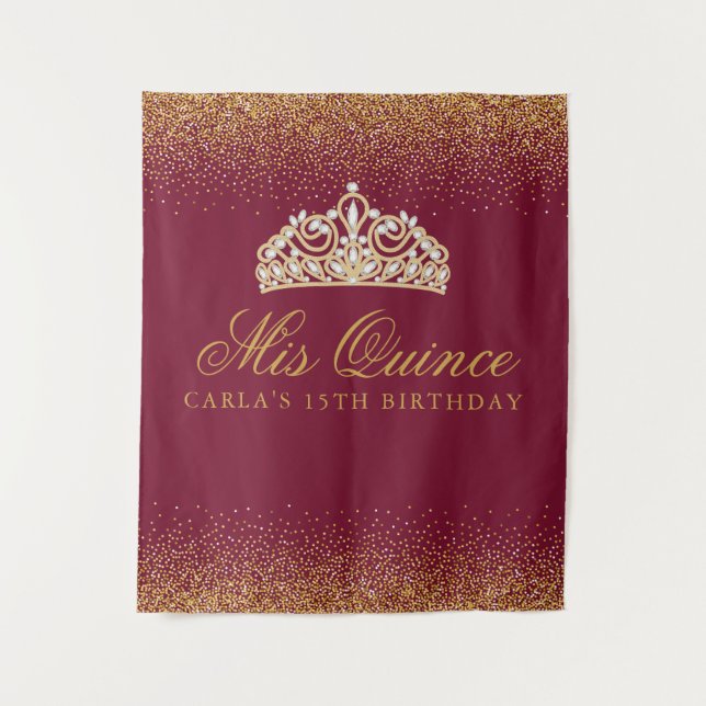 Burgund und Gold Glitzer Quinceanera Wandteppich (Vorderseite)