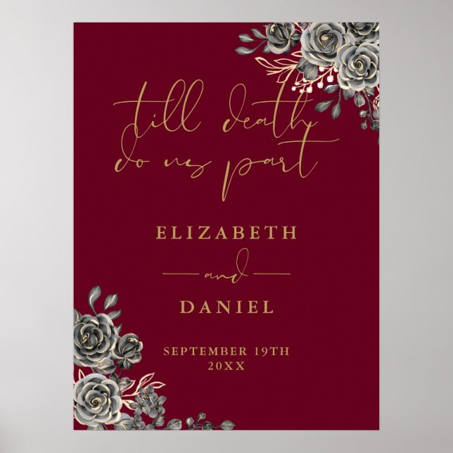 Burgund und Gold Gothic Rose Blumenzettel Poster (Vorne)