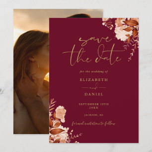 Burgund und Gold Herbst Rostiger Blumen Hochzeit Save The Date