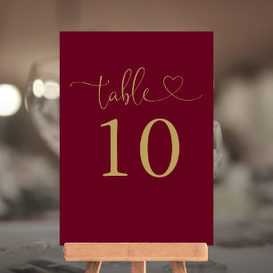 Burgund und Gold Herz Schrift Tischnummer