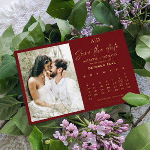 Burgund und Gold Kalender Hochzeit Sichern Sie das Folieneinladung