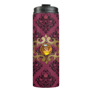 Burgund und Gold Paris Edelstein Damast Thermosbecher