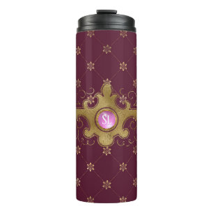 Burgund und Gold Paris Edelstein Monogramm Thermosbecher