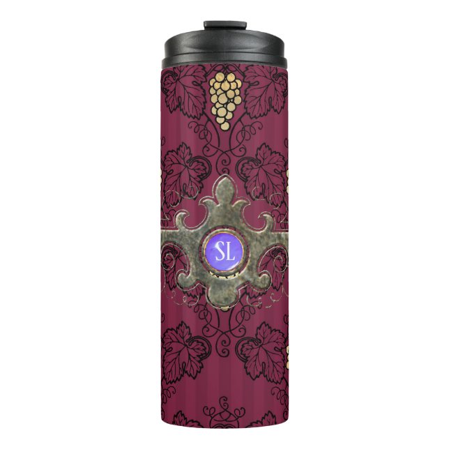 Burgund und Gold Pariser Wein Gemstone Monogramm Thermosbecher (Vorderseite)