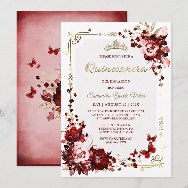 Burgund und Gold Quinceanera-Vorlagen Einladung (Vorne/Hinten)