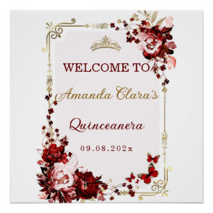 Burgund und Gold Quinceañera Willkommens-Druckvorl Poster
