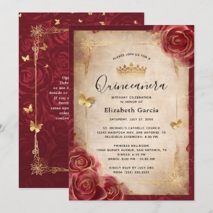 Burgund und Gold Rose Elegantes Quinceanera Einladung