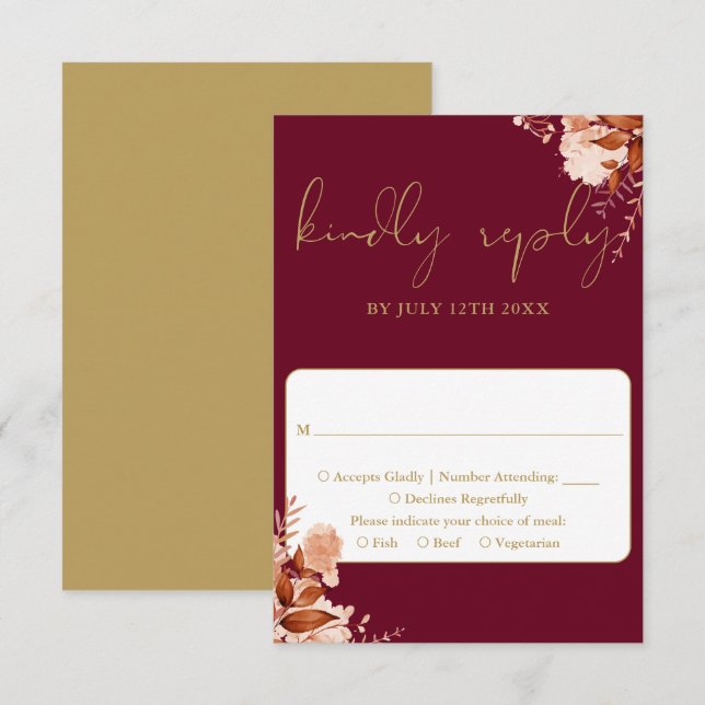 Burgund und Gold Rustikale Blumenhochzeit RSVP Karte (Vorne/Hinten)