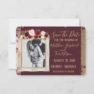Burgund und Gold Save the Date (Leere auf der Rück