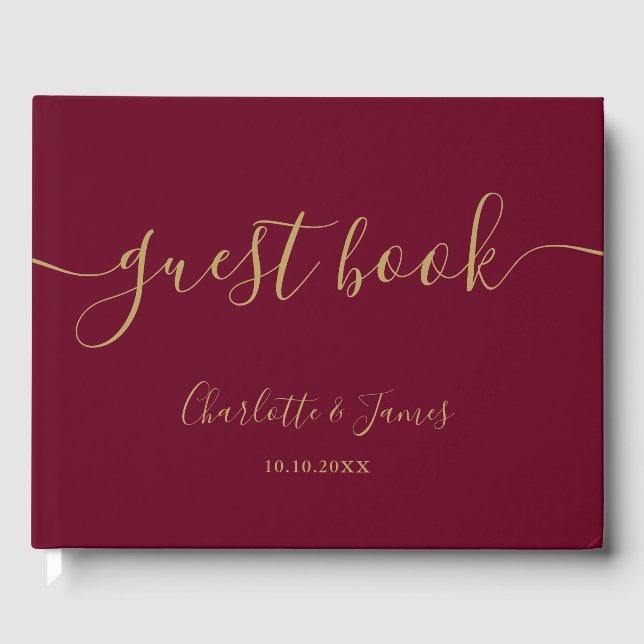 Burgund und Gold Signature Script Hochzeit Gästebuch (Vorderseite)