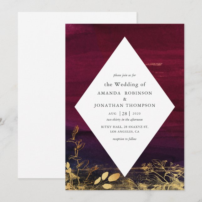 Burgund und Gold Watercolor Wash Wedding Einladung (Vorne/Hinten)