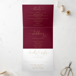 Burgund-und-goldene-Herzschrift-Hochzeit Dreifach Gefaltete Einladung