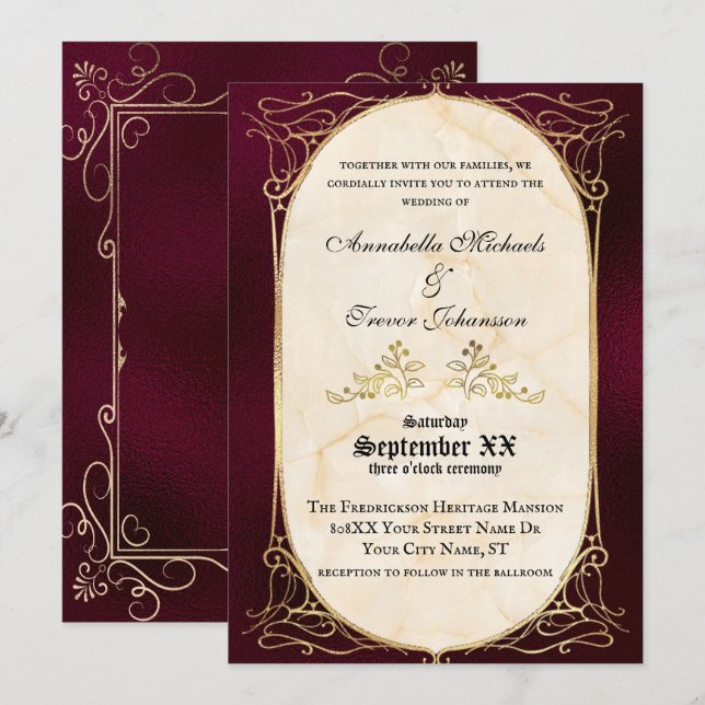 Burgund und Goldmittelalterliche Hochzeit Einladung (Vorne/Hinten)