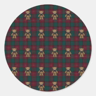 Burgund- und Grün-Teddy-Tartan-Seidenpapier Runder Aufkleber