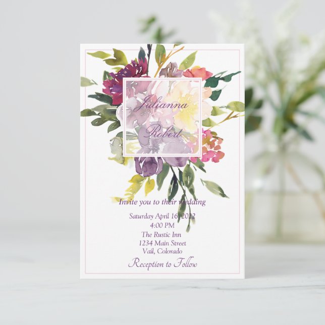 Burgund und lila Aquarelle Hochzeit mit Blumen Einladung (Stehend Vorderseite)