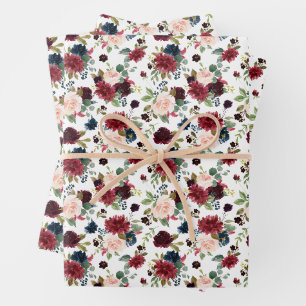 Burgund- und marineblaues Aquarell-Botanikmuster Geschenkpapier Set