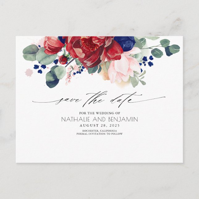 Burgund und Navy Blue Floral Boho Save the Date Postkarte (Vorderseite)