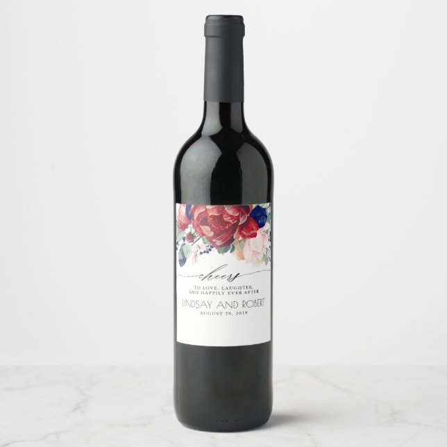 Burgund und Navy Blue Floral Boho Weinetikett (Vorderseite)